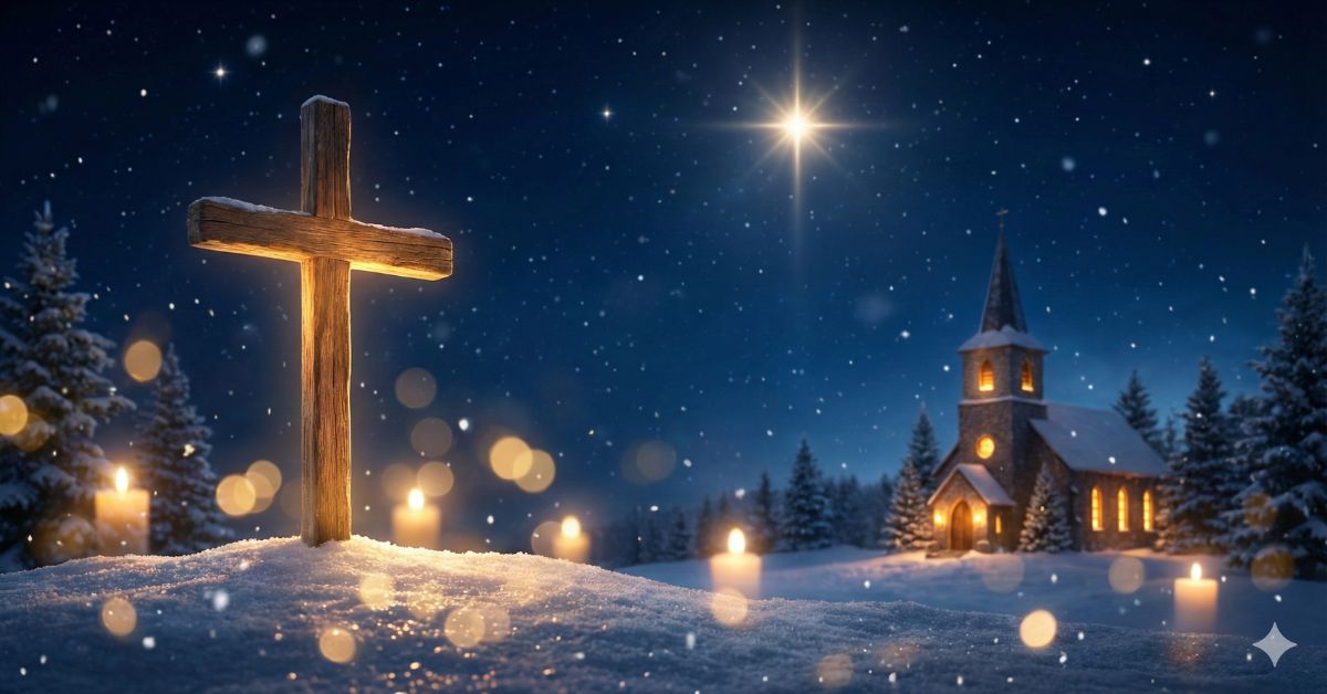 A glowing wooden cross on a snowy hill under the Star of Bethlehem, with candles and a church in the background, symbolizing religious Christmas faith and Bible blessings.