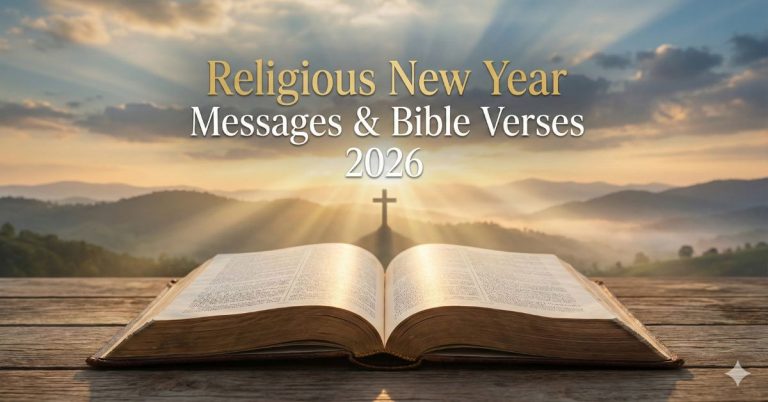 Religious New Year 2026 feature image with Holy Bible, cross, sunrise, and Christian faith message