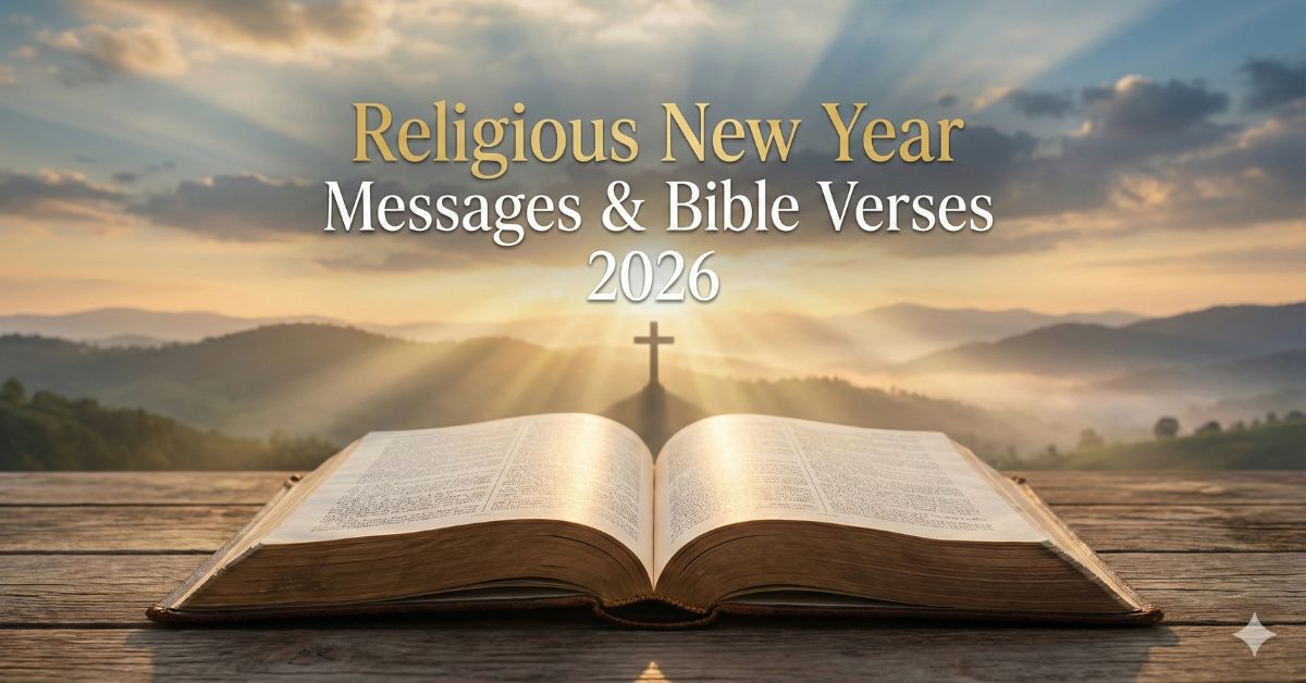 Religious New Year 2026 feature image with Holy Bible, cross, sunrise, and Christian faith message