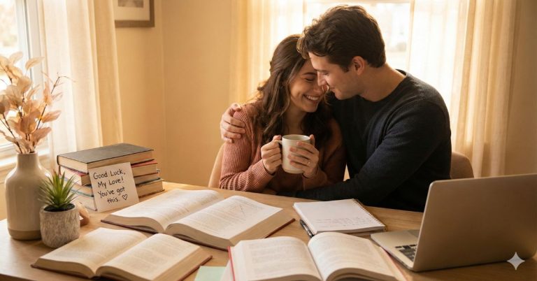 Romantic couple studying together at home with books and laptop, sharing a warm moment and good luck exam wishes for lover before an important exam