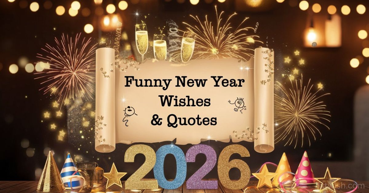 Funny New Year Wishes and Quotes 2026 written on a glowing festive scroll with fireworks, champagne glasses, party hats, golden 2026 numbers, and sparkling decorations