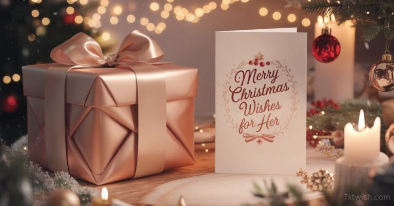 Rose-gold Christmas gift box with satin ribbon beside a festive greeting card that says “Merry Christmas Wishes for Her,” surrounded by candles, ornaments, and warm holiday lights.