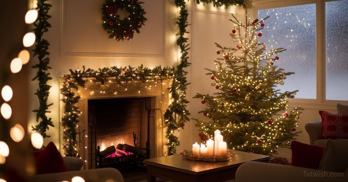A warm, cozy Christmas living room decorated with golden fairy lights, a beautifully lit Christmas tree with red and gold ornaments, soft bokeh lights in the background, glowing candles on a wooden table, festive garland around the fireplace, subtle snowfall visible through a frosted window, premium interior lighting, UHD 8K photography.