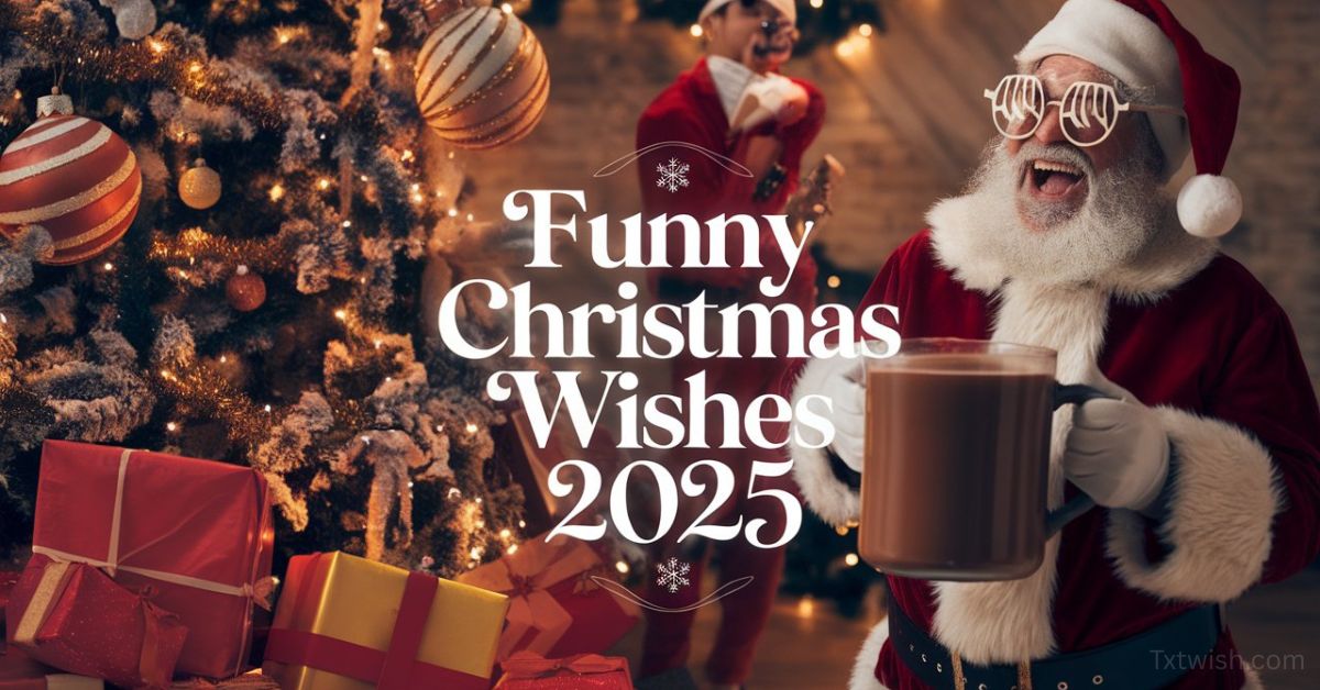 Santa laughing with oversized coffee mug and funny glasses beside a Christmas tree, festive gifts, and holiday lights with text ‘Funny Christmas Wishes 2025’.