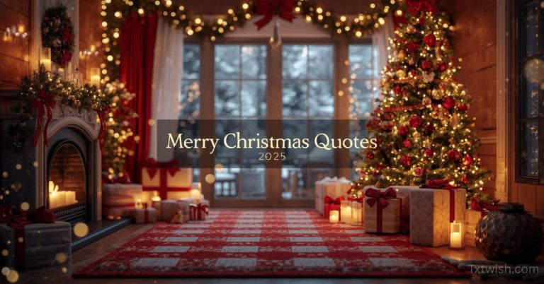 “Merry Christmas Quotes 2025 feature image showing a cozy Christmas living room with a decorated tree, glowing candles, wrapped gifts, holiday lights, and a warm fireplace — perfect festive banner for holiday quotes and greetings.”