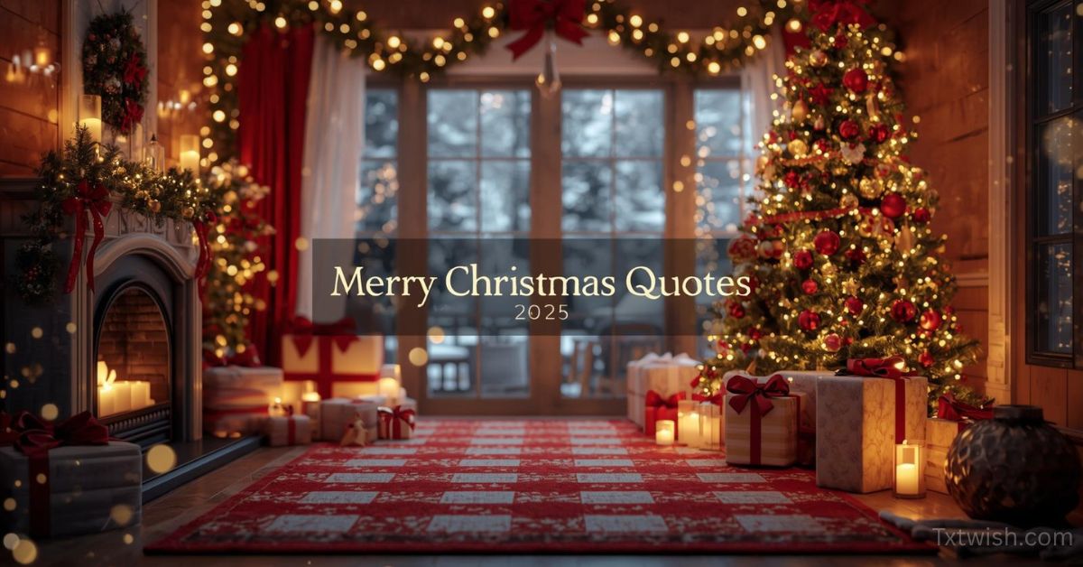 “Merry Christmas Quotes 2025 feature image showing a cozy Christmas living room with a decorated tree, glowing candles, wrapped gifts, holiday lights, and a warm fireplace — perfect festive banner for holiday quotes and greetings.”