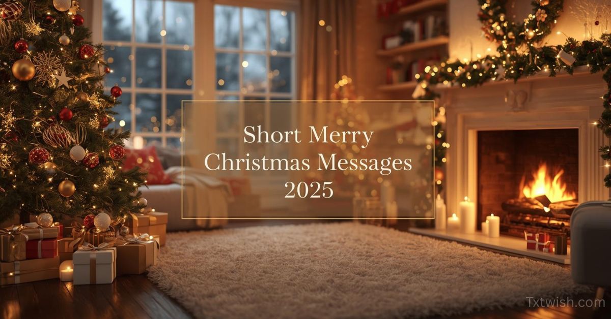 “Cozy Christmas living room with decorated tree, fireplace, warm lights and text ‘Short Merry Christmas Messages 2025’ – holiday feature image for festive quotes.”