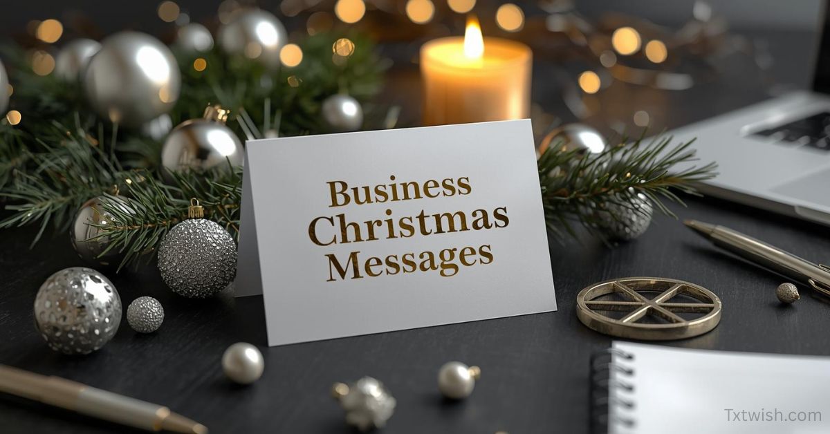 A white card with gold text “Business Christmas Messages” placed on a desk surrounded by silver ornaments, pine greenery, a lit candle, and office accessories in a professional holiday setting.