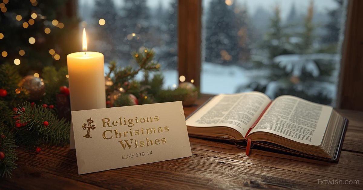 A warm religious Christmas scene with a lit candle, an open Bible, and a card displaying “Religious Christmas Wishes – Luke 2:10–14,” surrounded by pine branches and soft Christmas lights by a snowy window.