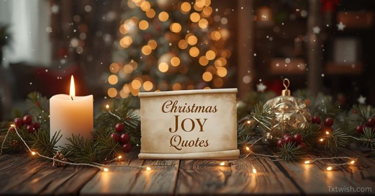 A cozy Christmas scene with glowing candles, evergreen garlands, red berries, golden ornaments, and a parchment-style card displaying “Christmas Joy Quotes,” set in front of a softly lit Christmas tree with warm bokeh lights.