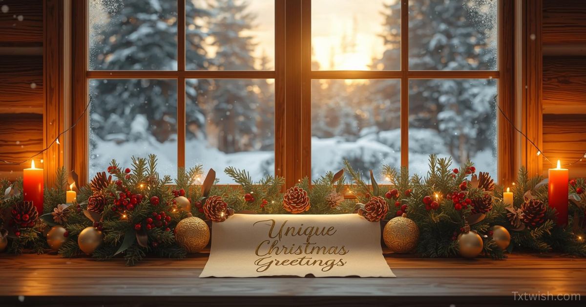 “A cozy Christmas cabin window scene with snow-covered pine trees, glowing candles, pinecones, holly berries, gold ornaments, and a scroll that reads ‘Unique Christmas Greetings.’”