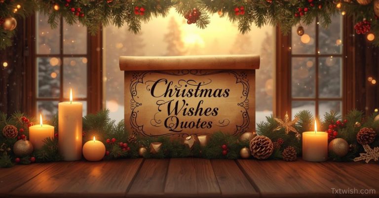 Vintage scroll with “Christmas Wishes Quotes” surrounded by candles, pine leaves, berries, pinecones, and a cozy Christmas background with warm lights.