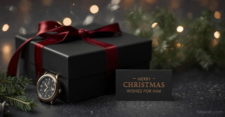 Black Christmas gift box with red ribbon, men’s wristwatch, and a card that says “Merry Christmas Wishes for Him,” surrounded by festive lights and greenery.