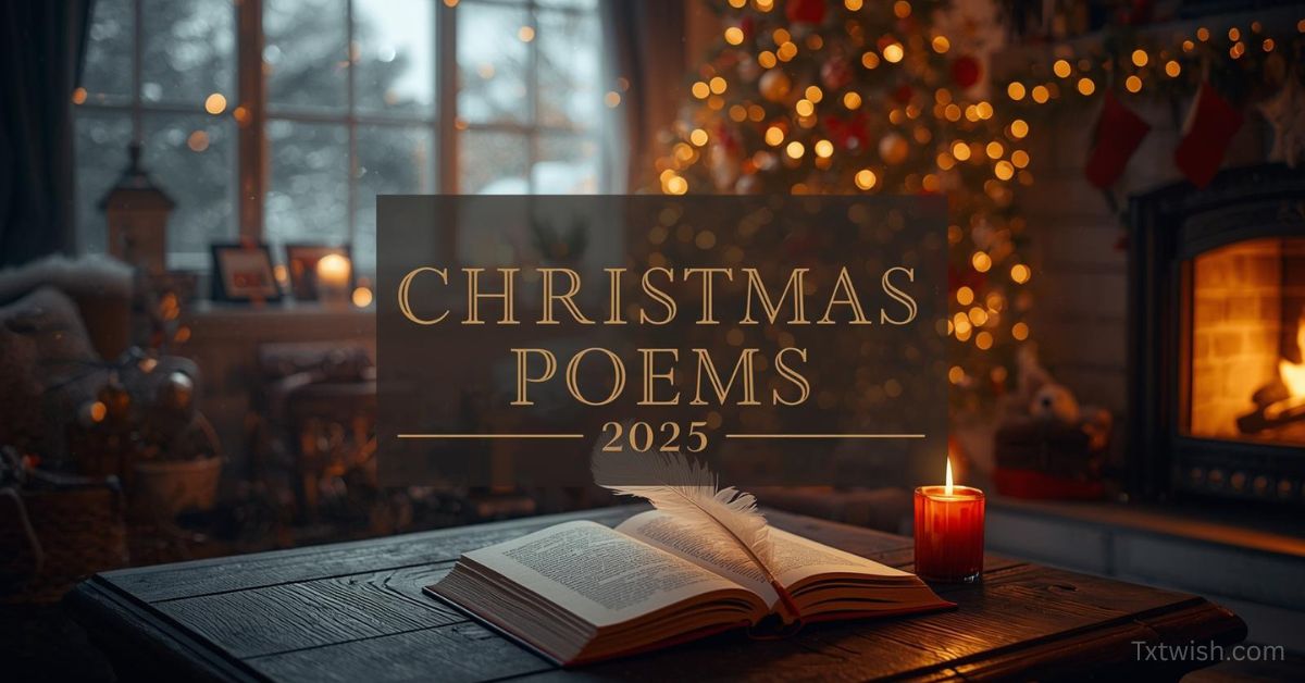 Open poetry book with feather quill on a wooden table, glowing candle, Christmas tree lights, and cozy fireplace background for Christmas Poems 2025.