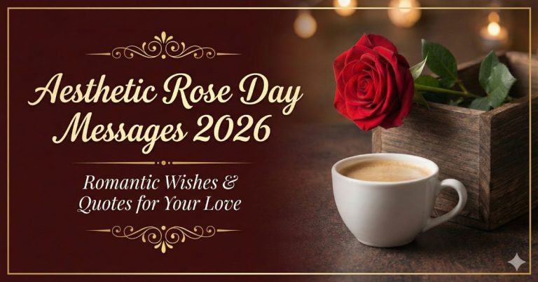 Aesthetic Rose Day messages 2026 with red rose, coffee cup and romantic Valentine Week setup