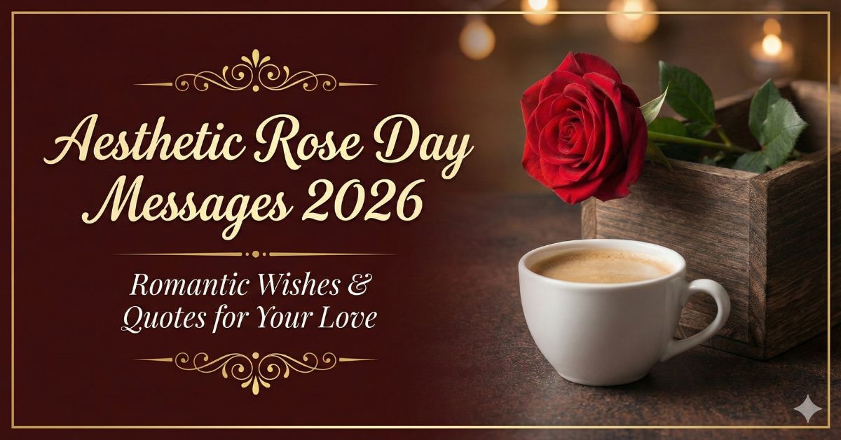 Aesthetic Rose Day messages 2026 with red rose, coffee cup and romantic Valentine Week setup