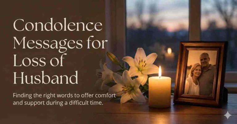 Condolence messages for loss of husband featuring a candle, white lilies, and a framed couple photo symbolizing love, remembrance, and sympathy