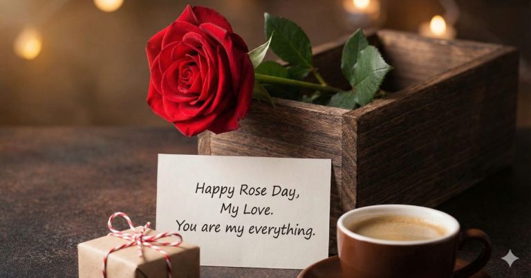 Romantic Happy Rose Day wishes for him with red rose, love note, coffee cup and gift box on cozy table