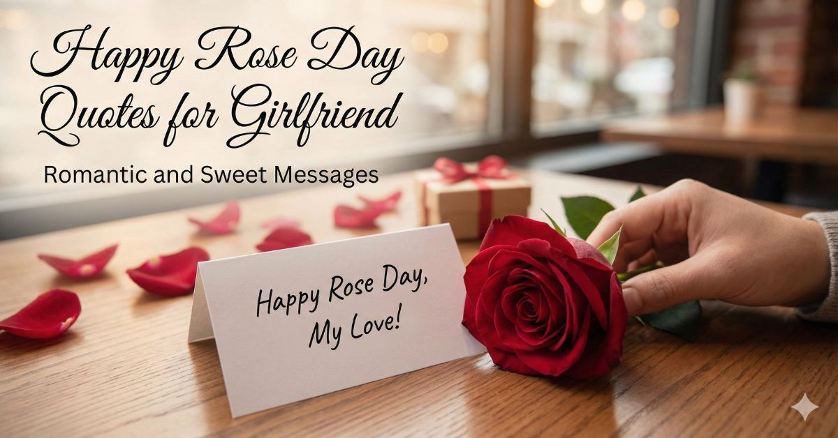 Happy Rose Day quotes for girlfriend with red rose and romantic love message card on wooden table