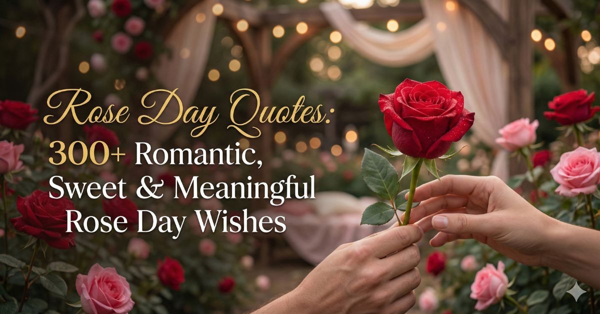 Hands exchanging a red rose on Rose Day with romantic background, representing 300+ romantic, sweet, and meaningful Rose Day quotes and wishes for love, friends, and family.
