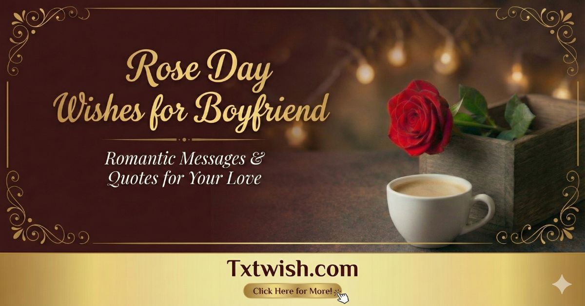 Rose Day wishes for boyfriend with red rose, romantic quotes, and Valentine Week love message