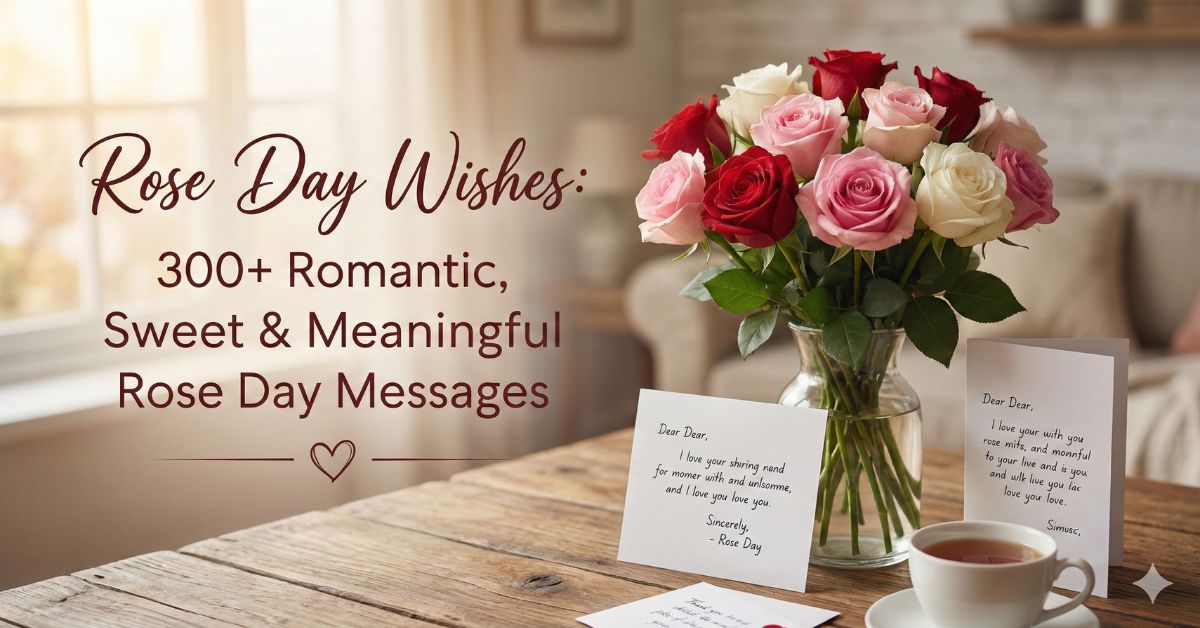 A beautiful bouquet of red, pink, and white roses on a cozy table with handwritten love notes, representing romantic and meaningful Rose Day wishes.