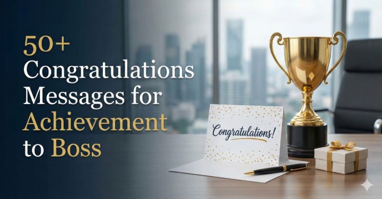50+ Congratulations Messages for Achievement to Boss with trophy, congratulatory card, and office desk background