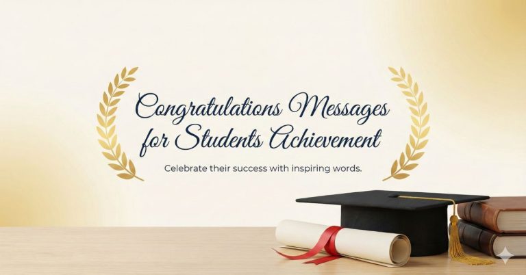 Congratulations messages for students achievement with graduation cap, diploma, and laurel leaves design.
