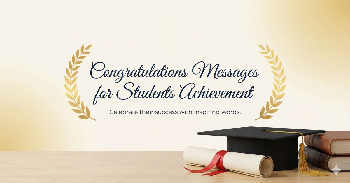 Congratulations messages for students achievement with graduation cap, diploma, and laurel leaves design.