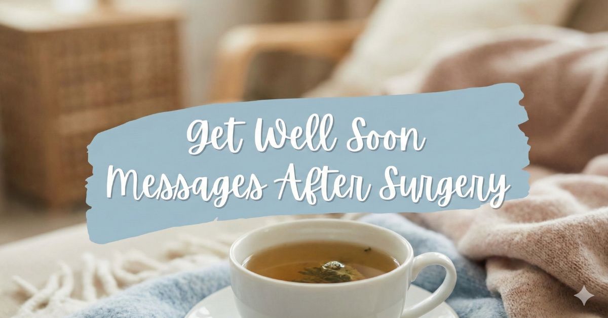 Get well soon messages after surgery with warm tea and cozy blanket background symbolizing healing and comfort