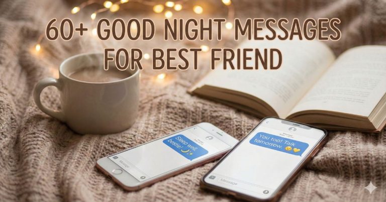 60+ Good Night Messages for Best Friend with cozy blanket, coffee mug, open book, and text messages on smartphones