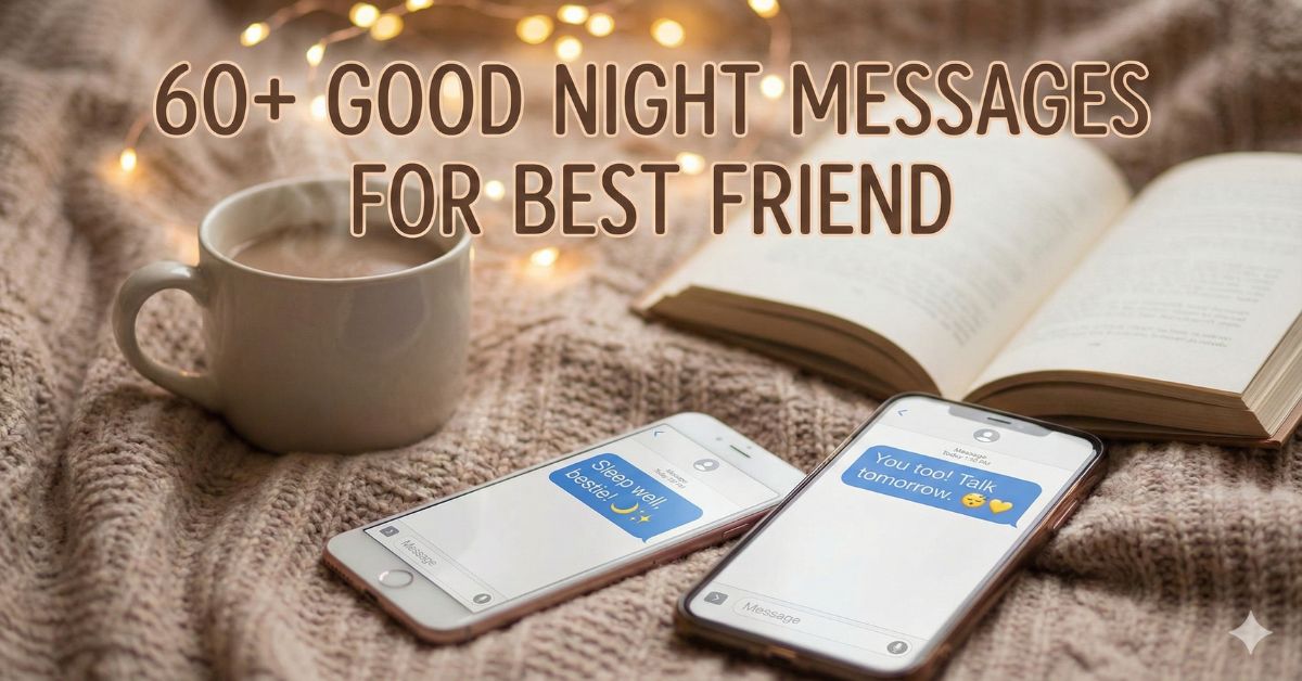 60+ Good Night Messages for Best Friend with cozy blanket, coffee mug, open book, and text messages on smartphones