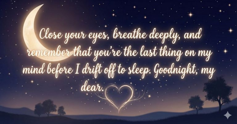 Romantic good night quote for her with crescent moon and stars in a peaceful night sky background.
