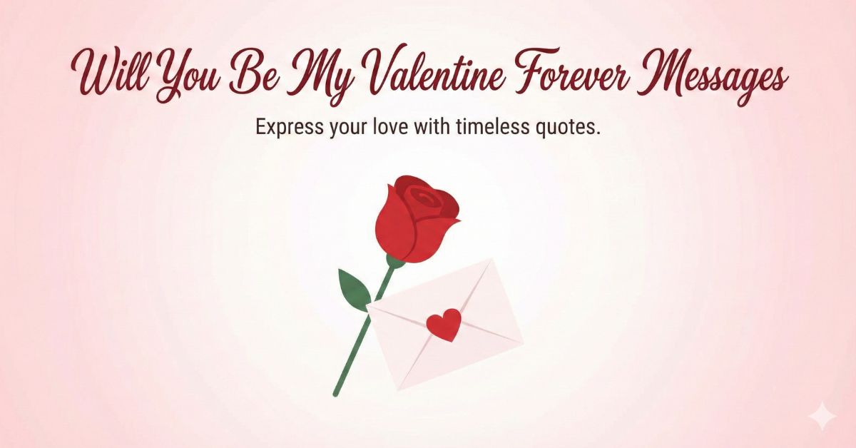 Will you be my Valentine forever messages with romantic rose and love letter illustration
