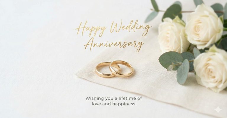 Wedding anniversary wishes with gold rings and white roses symbolizing love and commitment