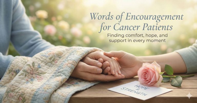 Hands holding gently with a pink rose and note reading “Hope & Strength” beside text “Words of Encouragement for Cancer Patients” in a soft garden setting.
