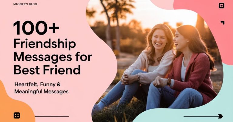 Friendship Messages for Best Friend featured image showing two friends sitting together laughing outdoors with a warm sunset background.