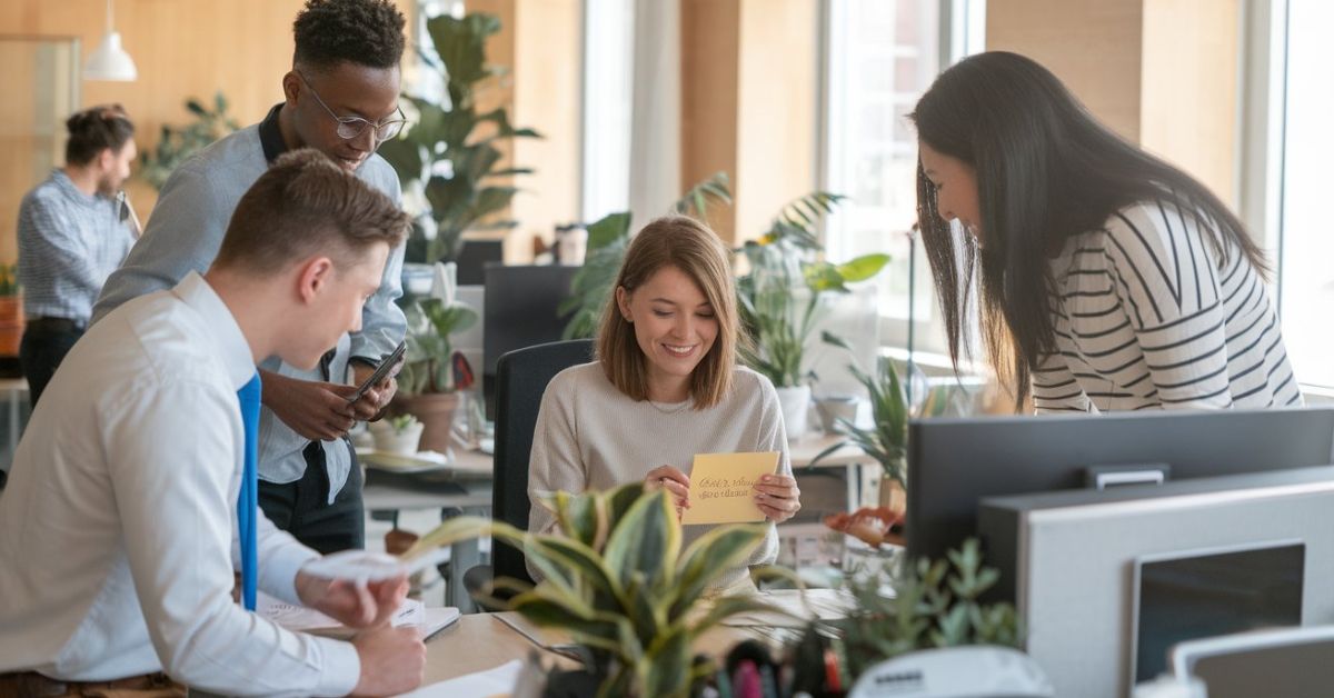 Get well soon messages for colleague image showing coworkers giving a recovery card and support in the office