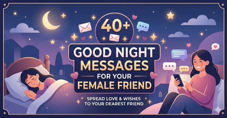 40+ Good Night Messages for Your Female Friend illustration showing two girls texting and sleeping under a starry night sky with moon and chat bubbles