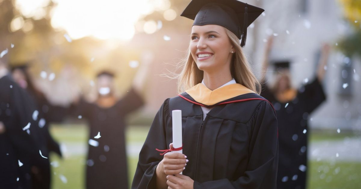 “Young woman celebrating graduation success with diploma and cap, symbolizing achievement and pride”