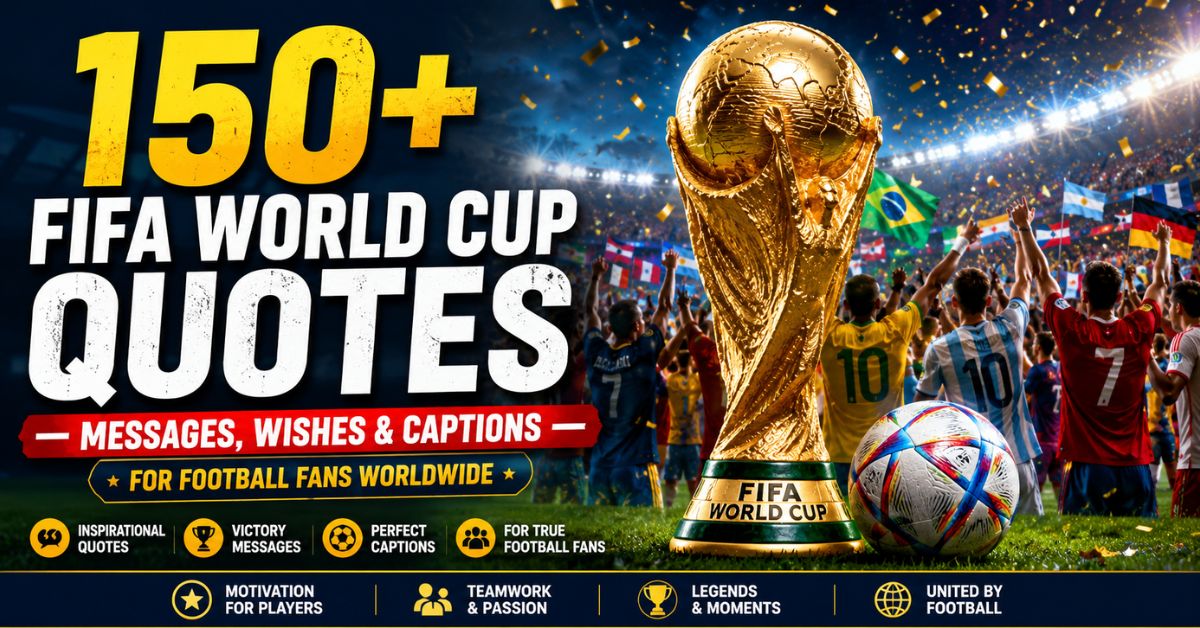 FIFA World Cup trophy in a packed football stadium with celebrating players and fans, featuring 150+ FIFA World Cup quotes, messages, wishes, and captions for football fans worldwide.