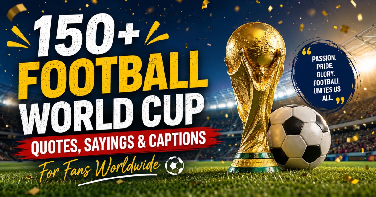 150+ Football World Cup Quotes, Sayings and Captions for Fans Worldwide featuring a football trophy, soccer ball, stadium lights, and football inspiration.