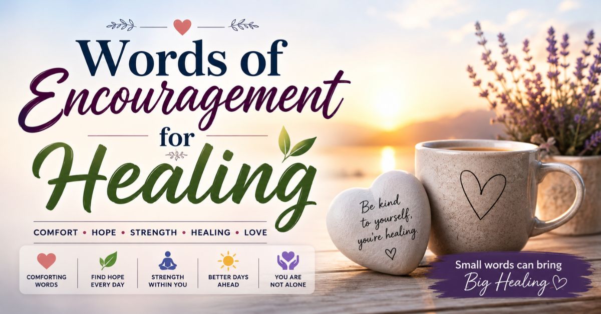 Words of Encouragement for Healing featured image showing a peaceful sunrise scene with comforting messages, a heart-shaped stone, and a warm coffee mug symbolizing hope, strength, and recovery.