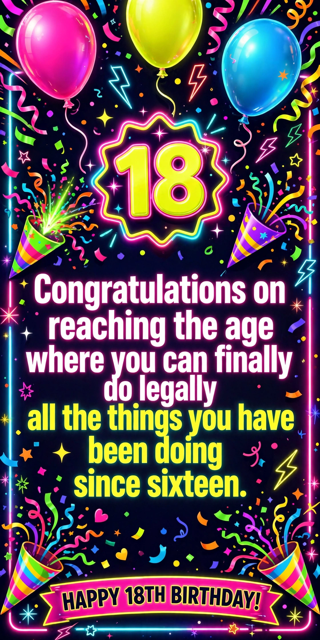 200+ 18th Birthday Wishes, Messages & Quotes: Celebrate Adulthood 3 Funny 18th birthday wishes quote card with bold playful design