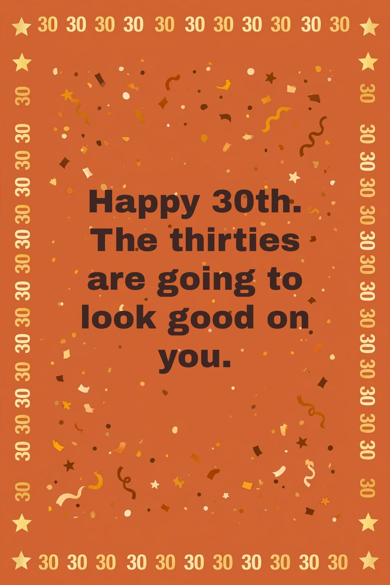 240+ 30th Birthday Wishes Short 30th birthday text card with terracotta gold stars design
