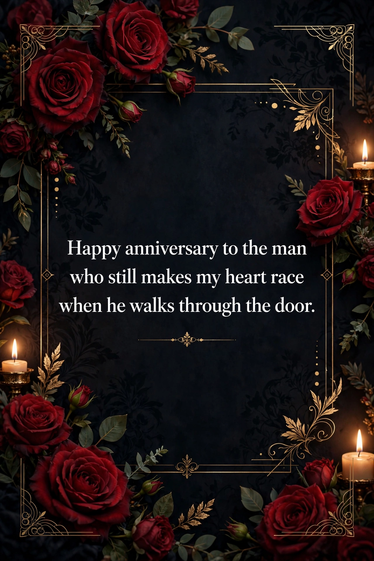 Anniversary wishes for husband quote card with red roses and candlelight