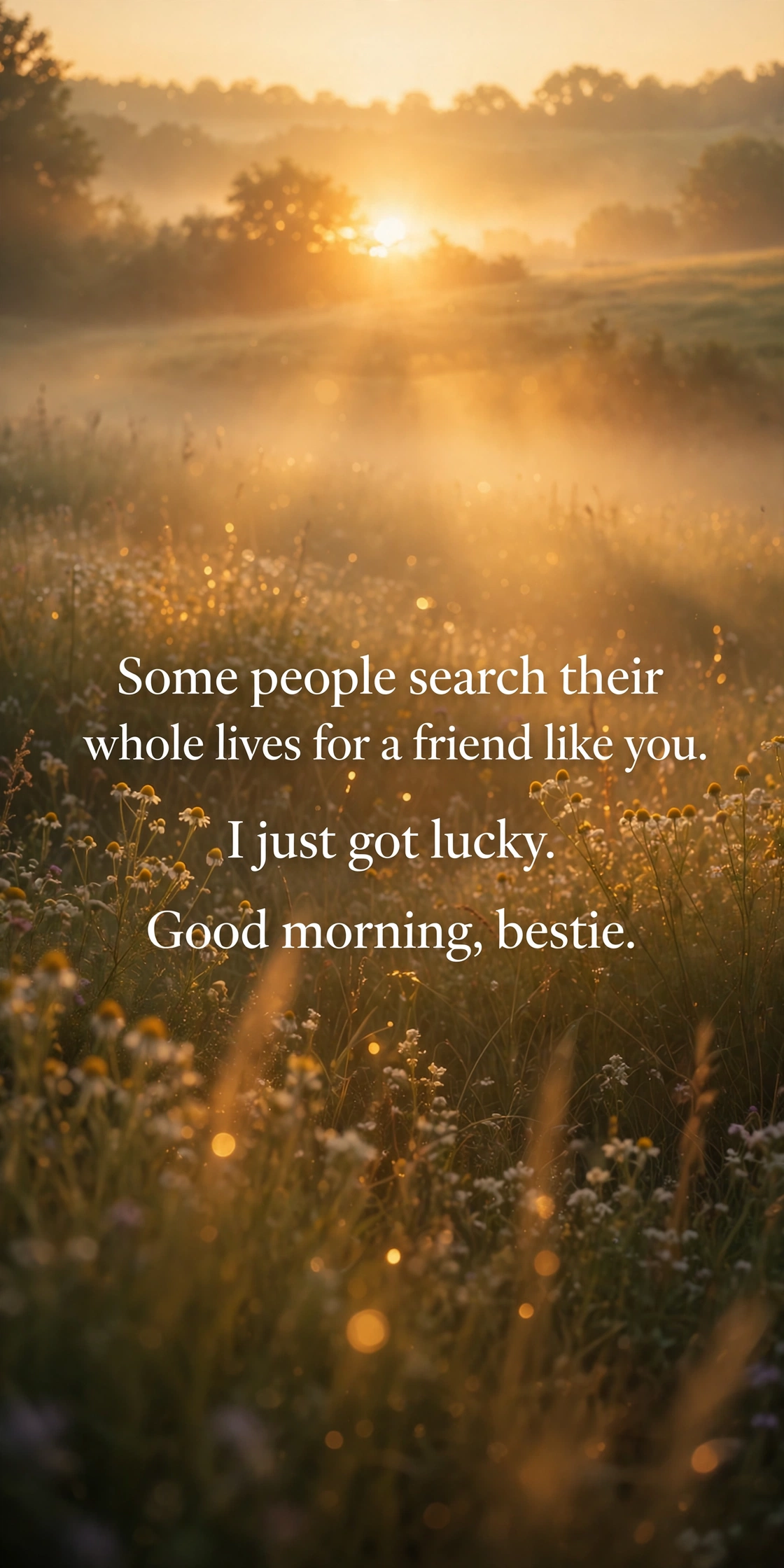 120+ Good Morning Wishes for Best Friend: Heartfelt, Funny & Inspiring Texts 2 Sweet heartfelt good morning wishes for best friend quote card with golden sunrise over meadow
