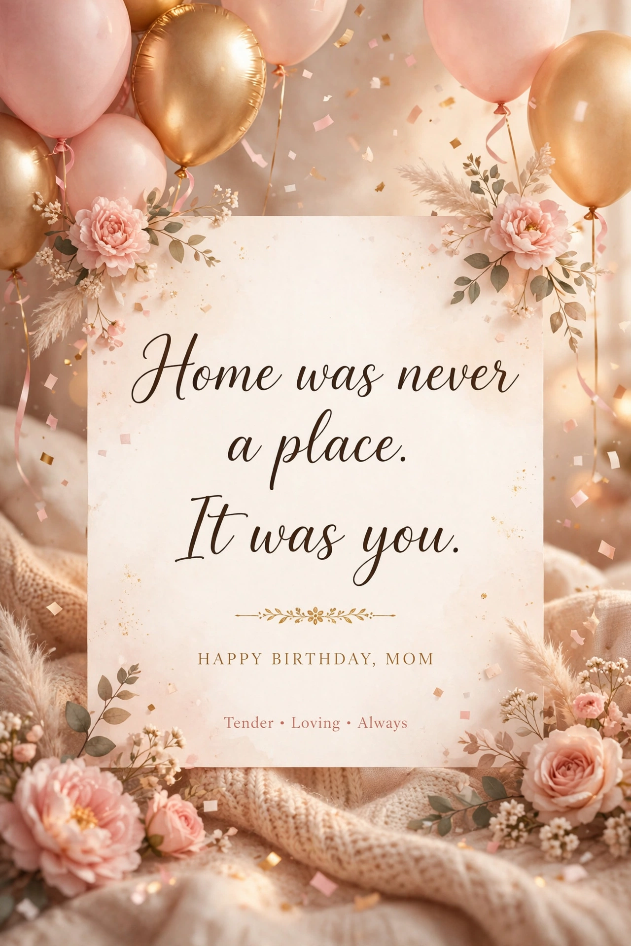 Birthday wishes for mom quote card with festive balloons and golden confetti