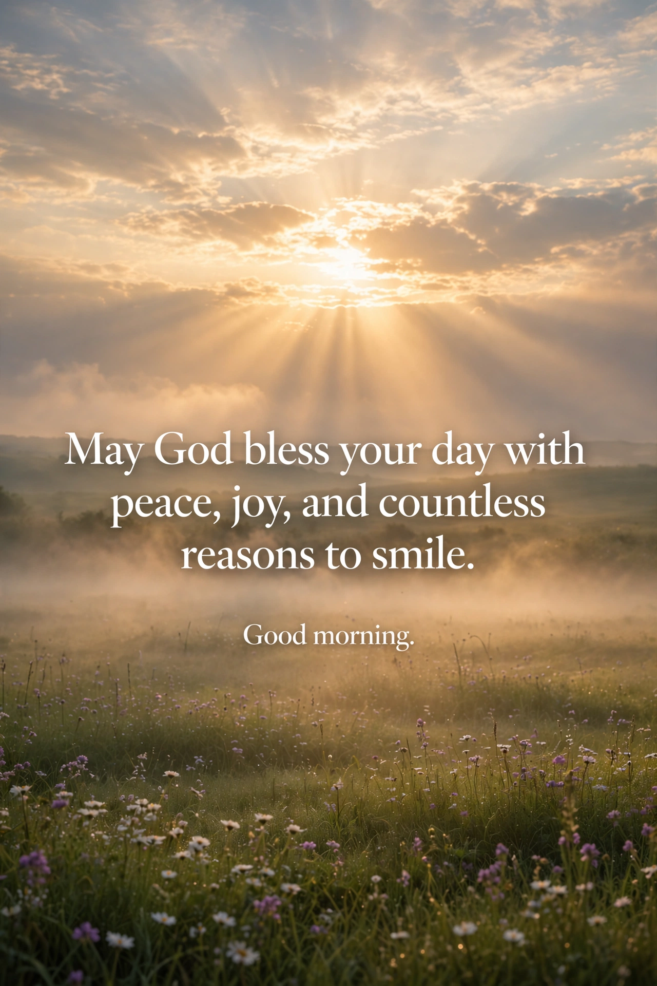 Good morning blessings and prayers quote card with golden sunrise god rays over meadow