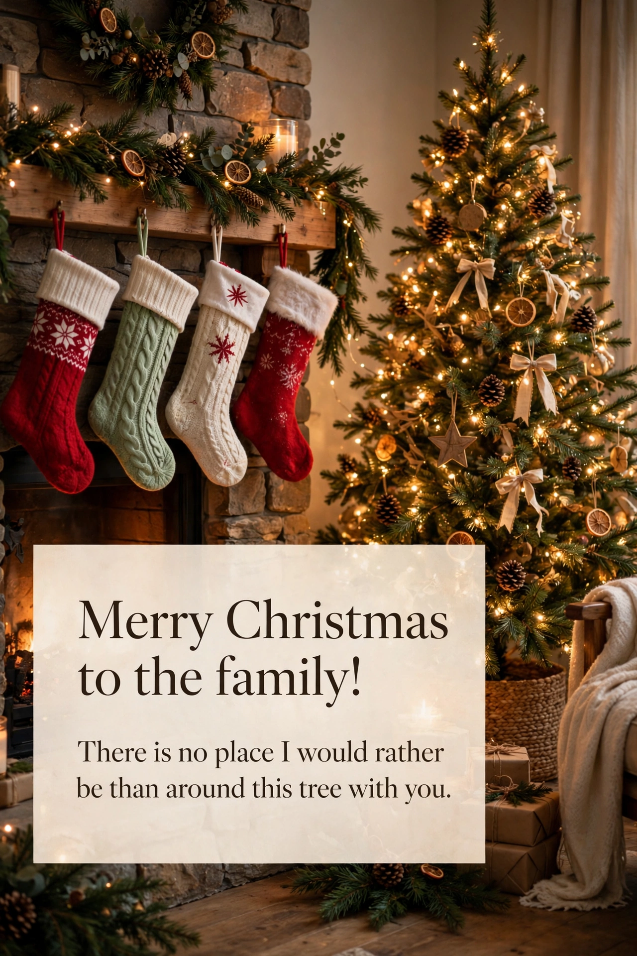 120+ Christmas Wishes, Messages & Quotes: Merry Texts for Everyone 5 Christmas wishes for family quote card with a cozy fireplace and stockings hung with care